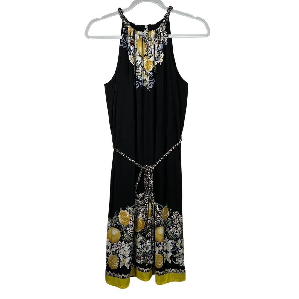 White House Black Market Lemon Floral Halter Dress Black Yellow XS Braided Belt